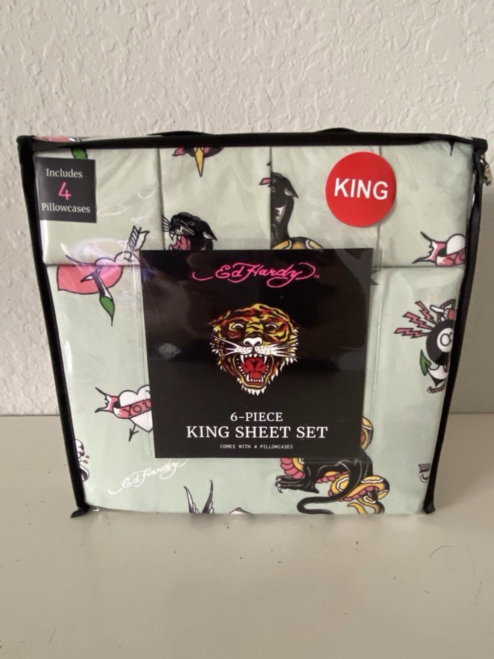 6 Piece Ed Hardy KING Size Sheet‎ Set Green Logo Panther Snake Hearts Roses NEW